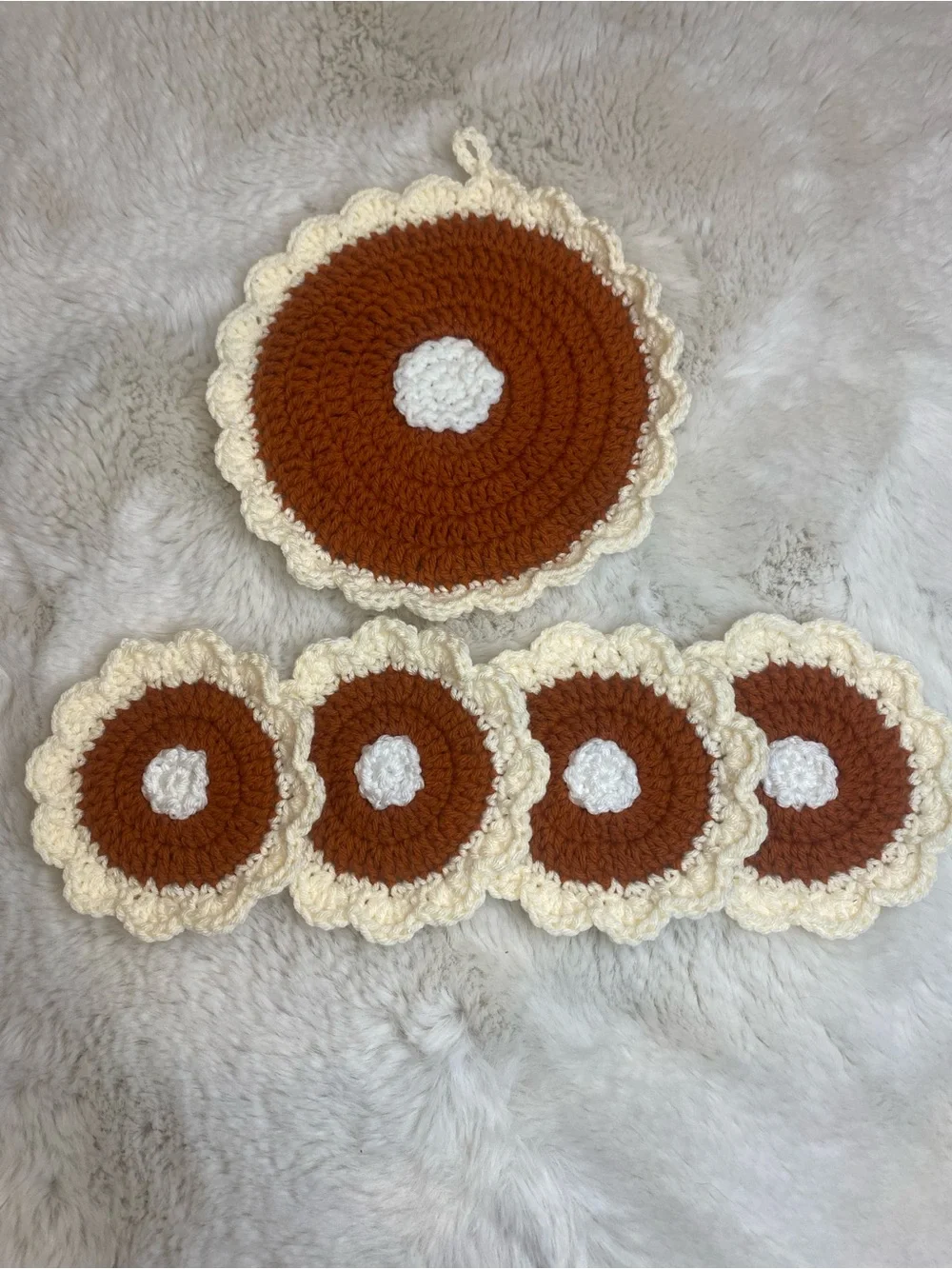 Crochet Pumpkin Pie Coasters and Pot Holder
